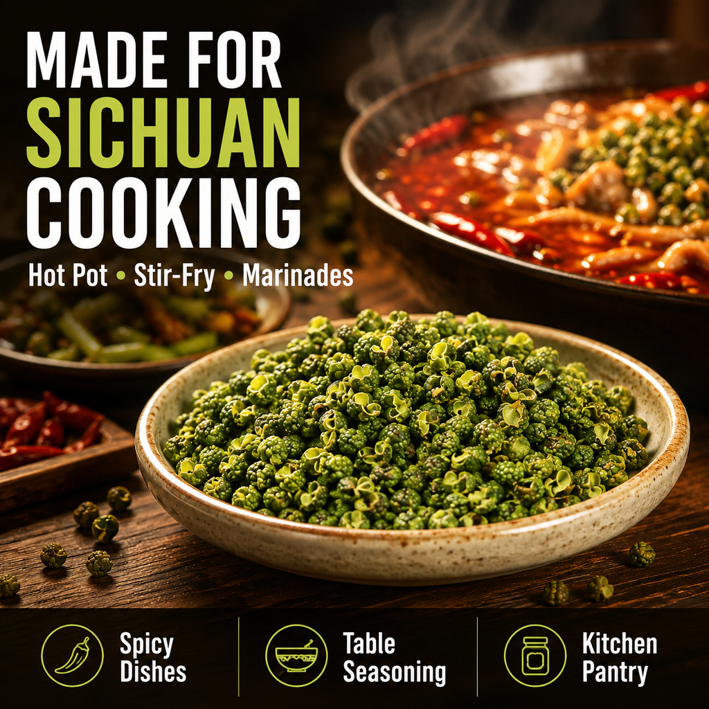 Green Sichuan Peppercorns – Whole Dried Qing Hua Jiao, Fresh Citrusy Numbing Spice for Sichuan Cooking & Hot Pot