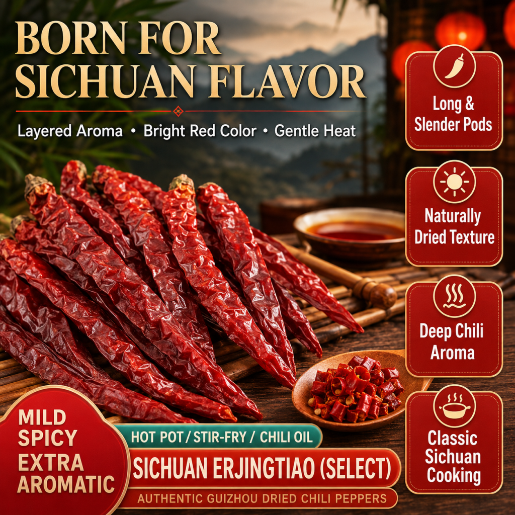 Er Jing Tiao Dried Chili Peppers – Premium Whole Sichuan Long Red Chili, Mild Heat & Rich Aroma for Chili Oil, Doubanjiang & Sichuan Cooking