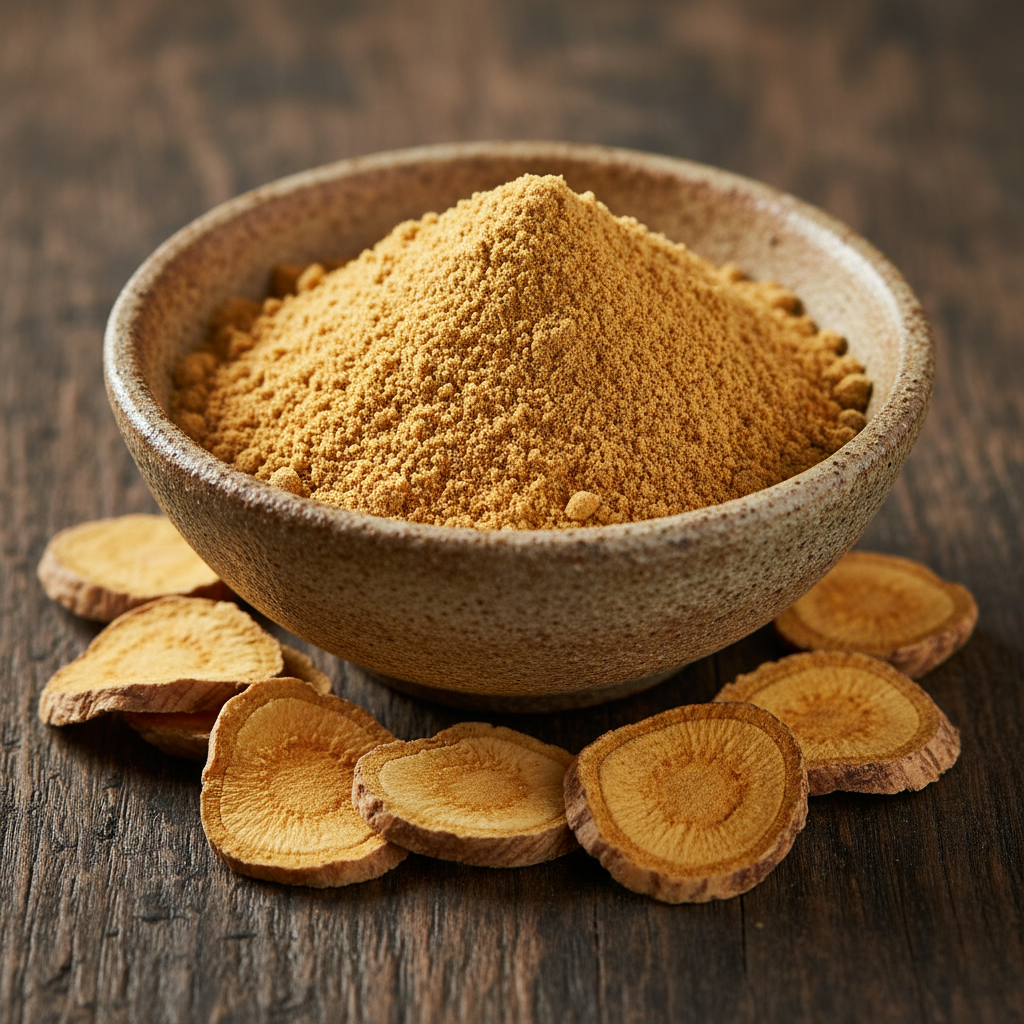 Premium galangal powder in ceramic bowl with dried galangal root slices