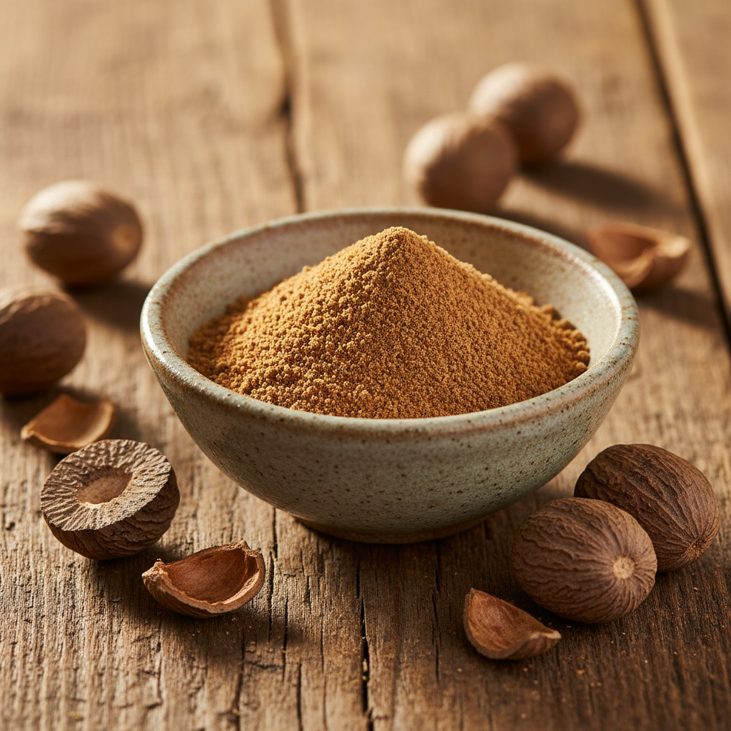 Premium ground nutmeg powder in ceramic bowl with whole nutmeg seeds