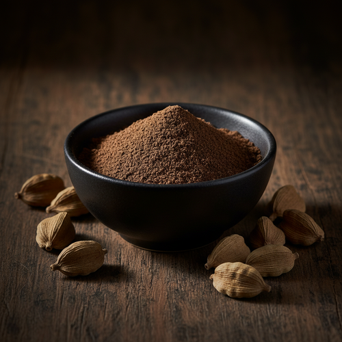 Premium black cardamom powder in ceramic bowl with whole dried black cardamom pods