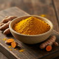 Premium turmeric powder in ceramic bowl with whole turmeric roots