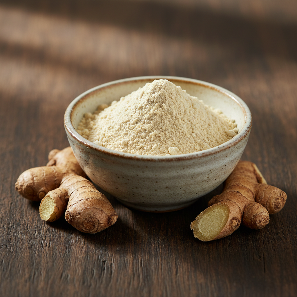 Premium sand ginger powder in ceramic bowl with dried sand ginger rhizomes