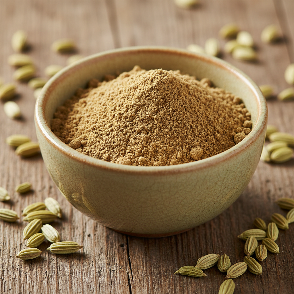 Premium ground fennel seed powder in ceramic bowl with whole fennel seeds