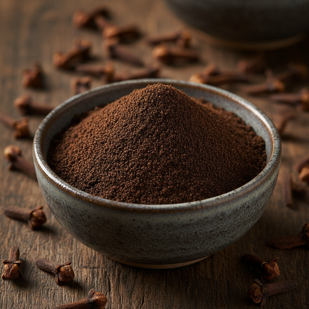 Premium ground cloves powder in ceramic bowl with whole cloves