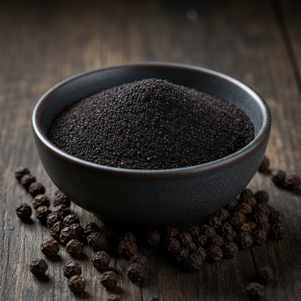 Premium Vietnamese black pepper powder in ceramic bowl with whole black peppercorns